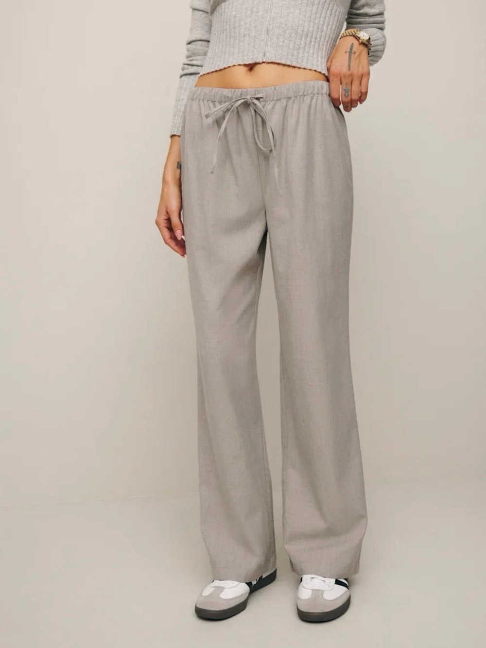 Reformation Olina Pant XSP Petite Natural Wool Blend Wide Leg Drawstring Pants